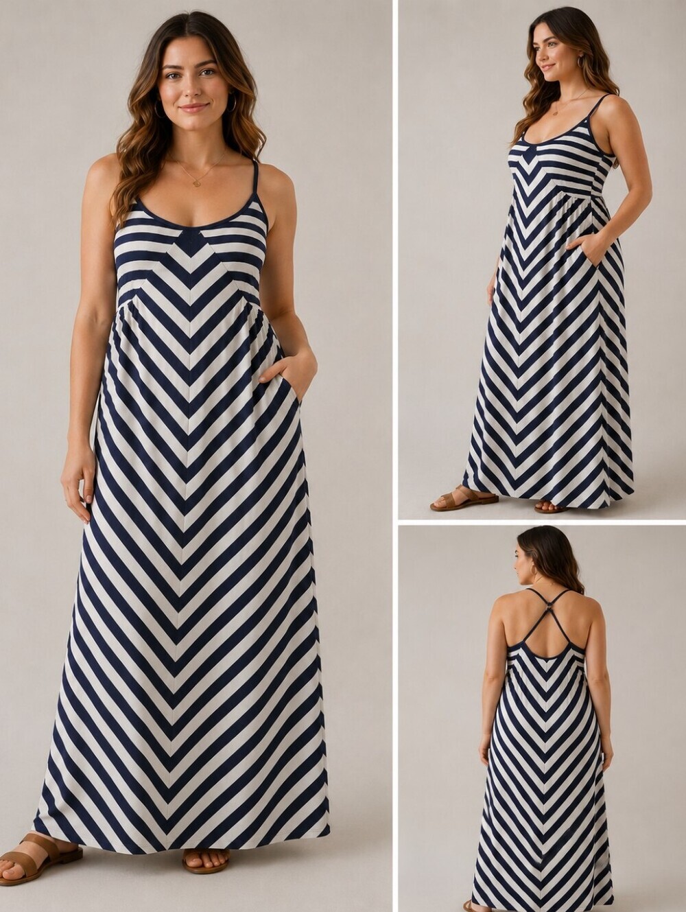 NWT Anthropology Saturday Sunday Smocked Striped Maxi Dress Navy Grey Chevron